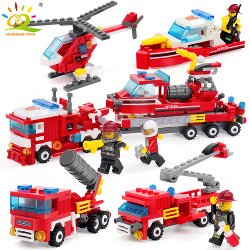348pcs Fire Fighting 4in1 Trucks Car Helicopter Boat Building Blocks Compatible legoing city Firefighter figures children Toys